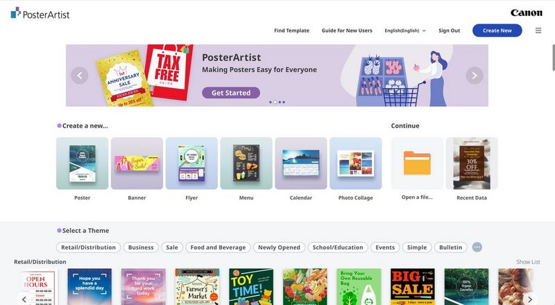 Snimak ekrana softvera Canon PosterArtist koji prikazuje dostupne proizvode i teme.