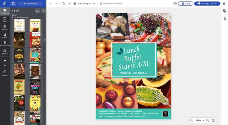 Snimak ekrana softvera Canon PosterArtist koji prikazuje predložak iz kategorije Hrana i piće.