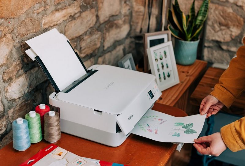 Принтер Canon PIXMA печатает два узора на листе бумаги формата A4.