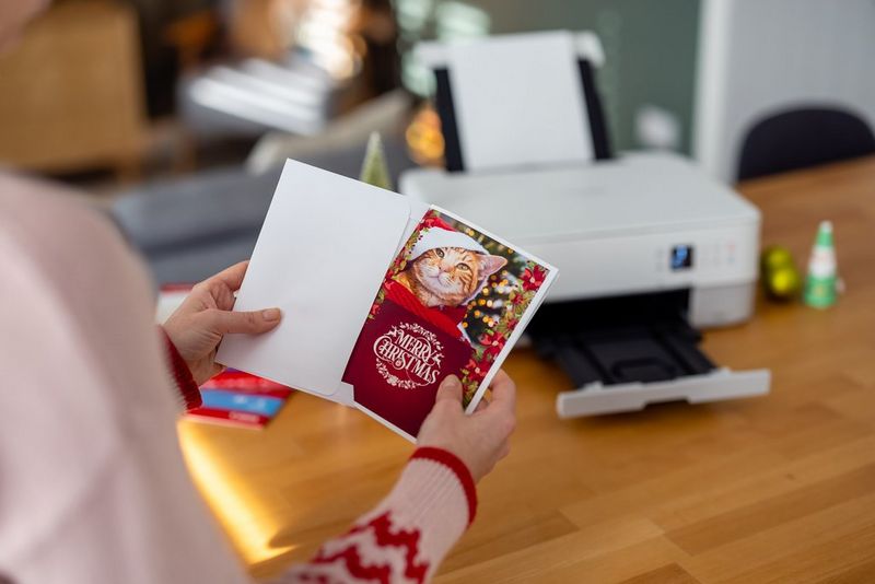 Een vrouw die een thuis geprinte kerstkaart in een witte envelop doet.