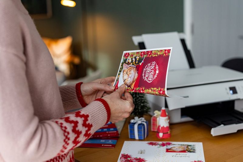 Een vrouw die een zelfgemaakte kerstkaart vouwt.