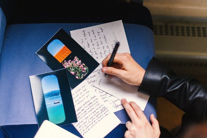 A person adds a handwritten comment on the back of a postcard-sized photo print produced on a Canon SELPHY CP1500 printer. Some other prints have the picture side up and some have comments in different handwriting.
