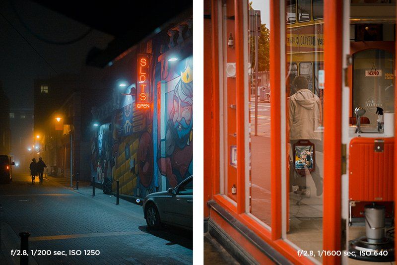 Two people walking down a street at night past a casino, illuminated by street-lamps (left). A photo of a shop front, showing Giuseppe with his camera in the reflection (right).