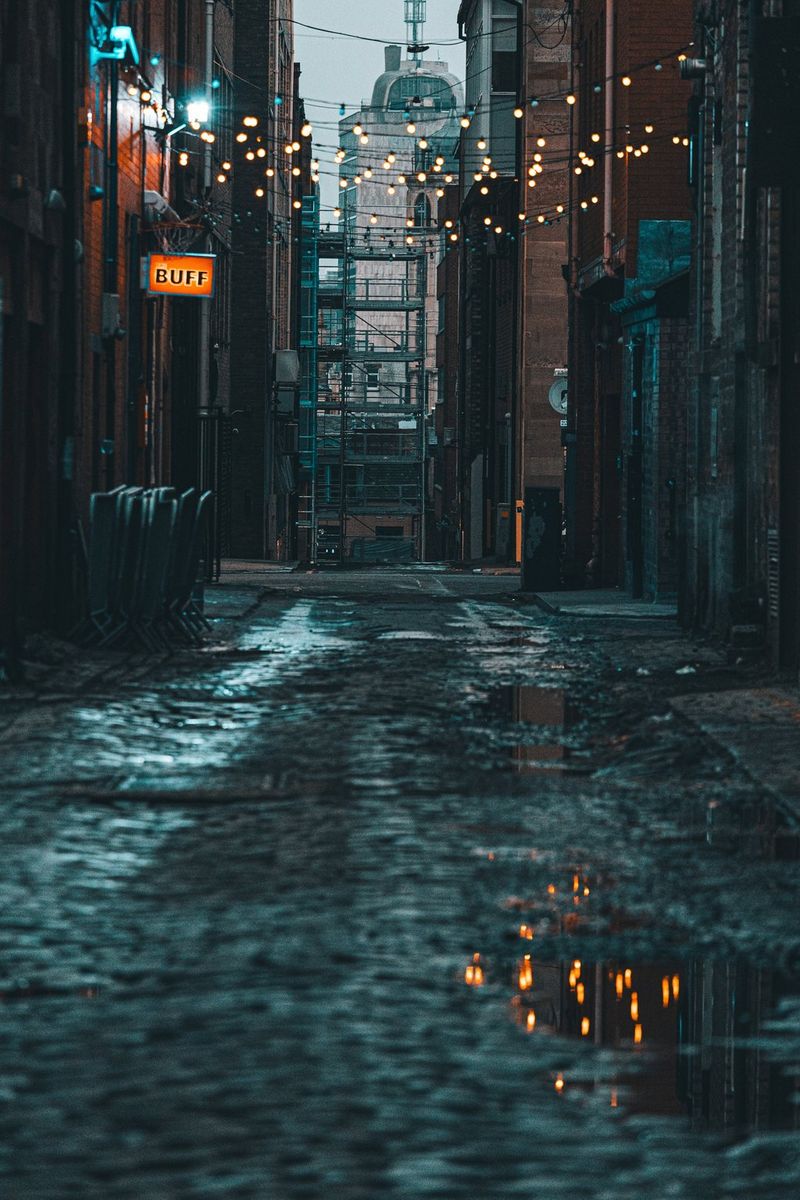 Street photography by Andres McNeill of a narrow cobbled street at dusk, with bulb lights reflected in puddles.