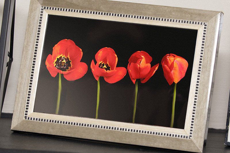 A time stack of tulips shown in a frame on a mantelpiece.