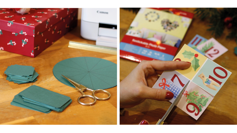 Éléments du calendrier de l’Avent découpés, prêts à être collés.