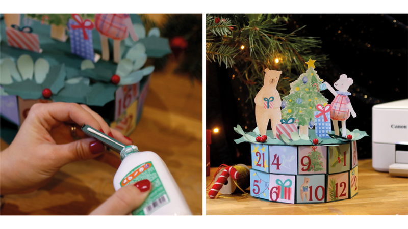 Encollage d’un élément du calendrier et résultat, calendrier de l’Avent en carrousel.