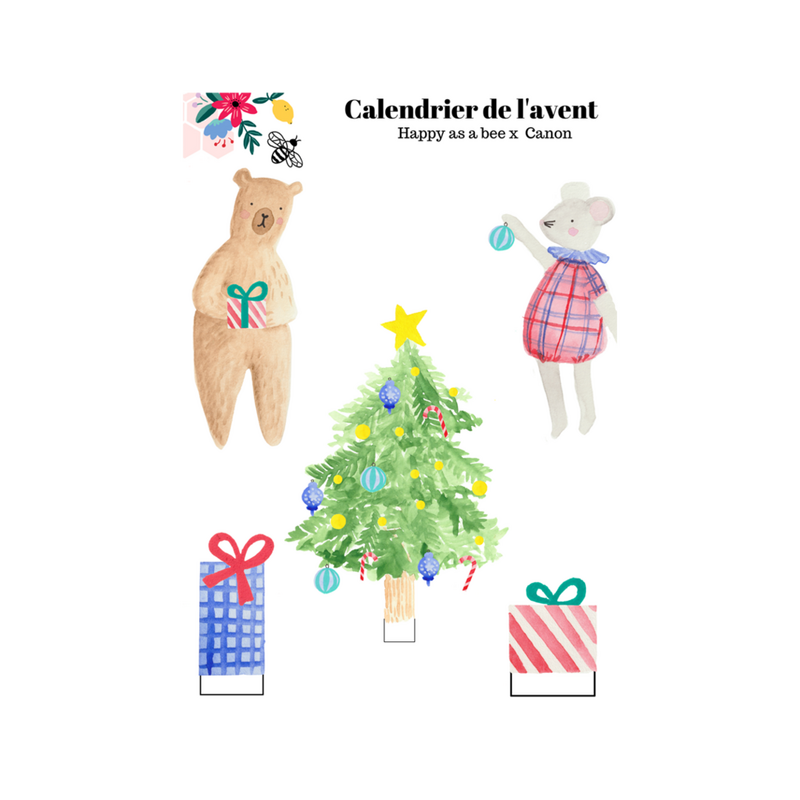 Éléments du Templates imprimer et découper, oursons, souris cadeaux, sapin en aquarelle.