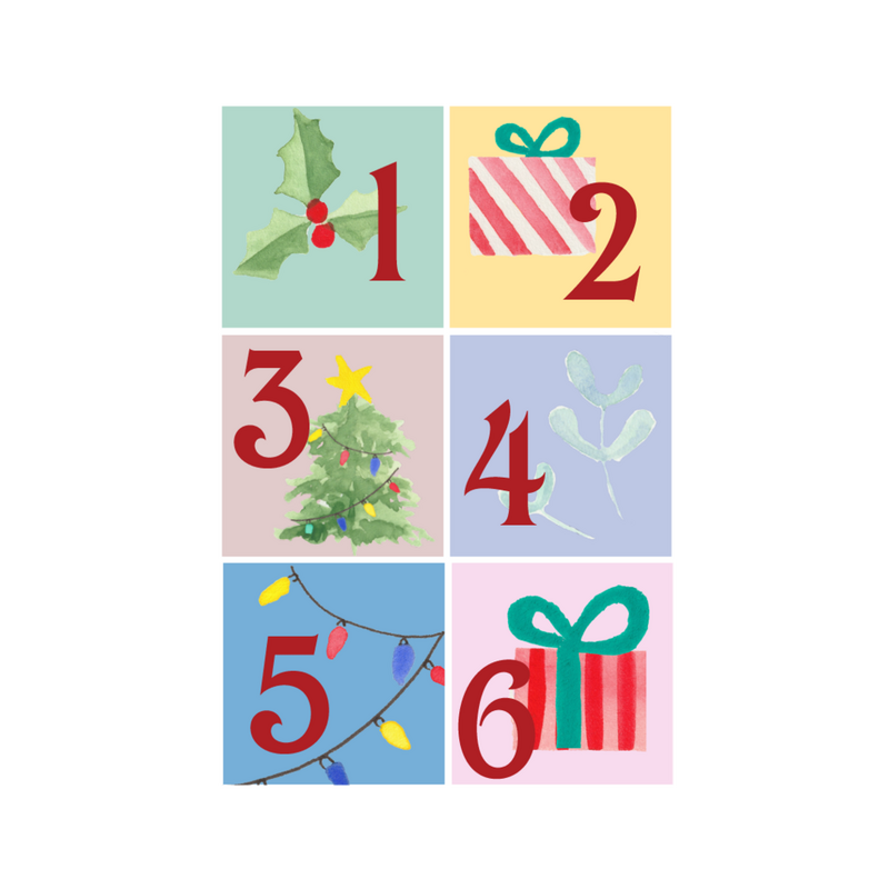 Éléments du Templates imprimer et découper, numéros calendrier décorés en aquarelle avec éléments décoration Noël.