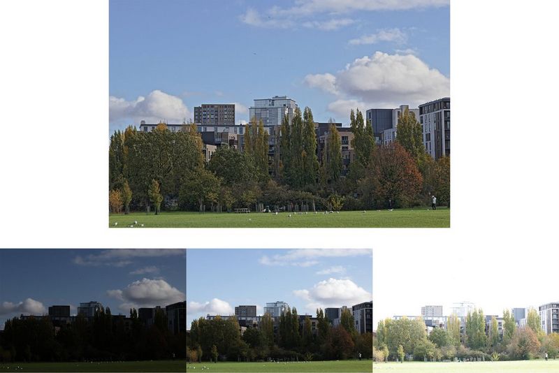 Obraz złożony z 4 zdjęć, z których każde przedstawia pole, szereg drzew i budynki w oddali. Górny obraz jest przykładem formatu HDR, a trzy dolne obrazy pokazują to samo zdjęcie z różnymi ekspozycjami.