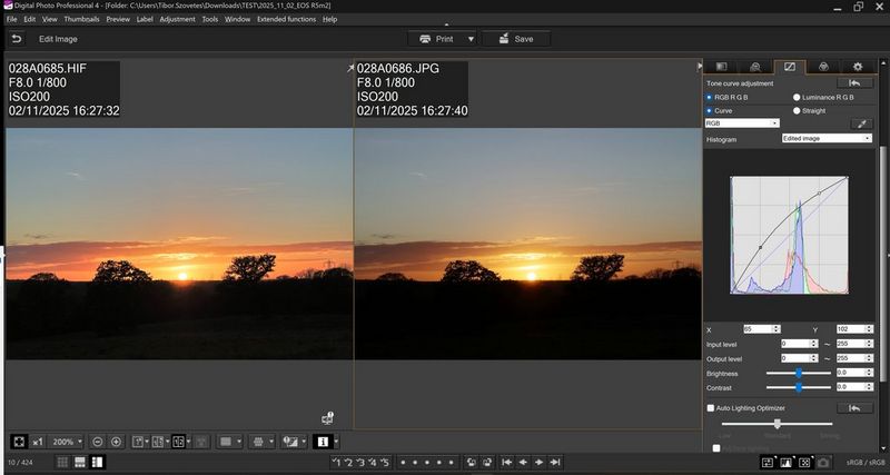 Zrzut ekranu programu Digital Photo Professional firmy Canon przedstawiający dwa zdjęcia zachodu słońca obok siebie. Zdjęcie po lewej stronie to plik HEIF, a zdjęcie po prawej stronie to plik JPEG.