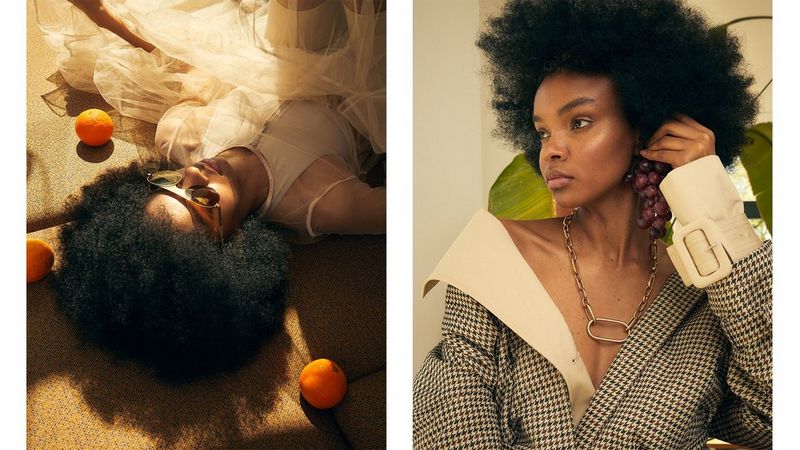 Due immagini affiancate che ritraggono una modella in un editoriale di alta moda per FACES Magazine, fotografata da Heidi Rondak.