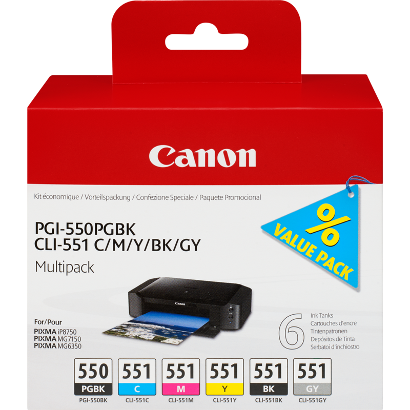 Canon PGI-550/CLI-551 PGBK/C/M/Y/BK/GY Multipack mit 6 Tinten Produkt Vorderansicht