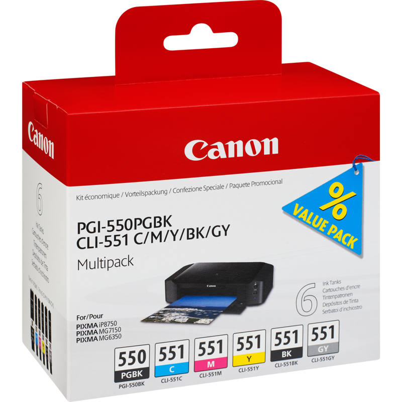 Canon PGI-550/CLI-551 PGBK/C/M/Y/BK/GY Multipack mit 6 Tinten Produkt Ansicht von links