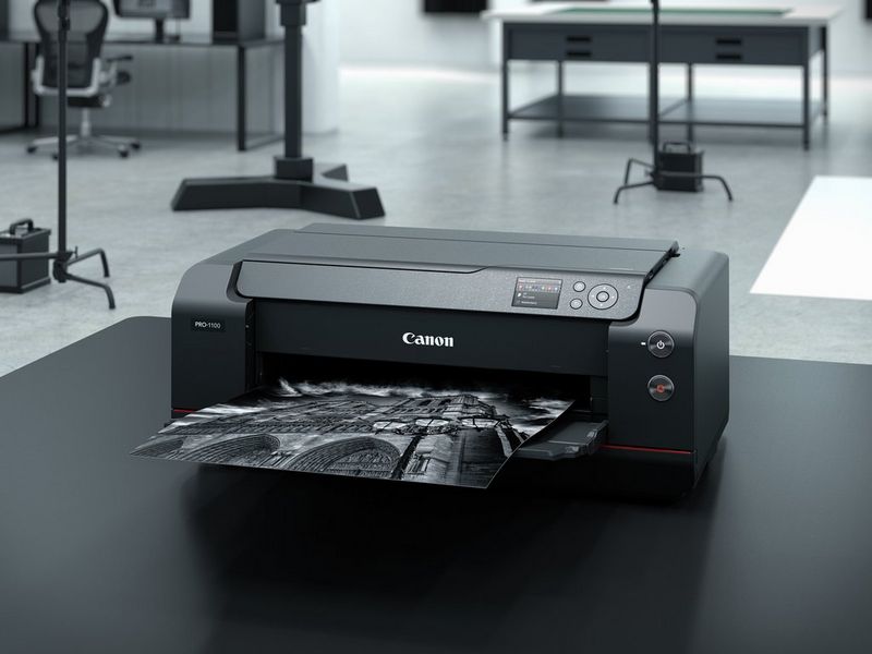 A Canon imagePROGRAF PRO-1100 A2 printer on a desk in a studio setting. 