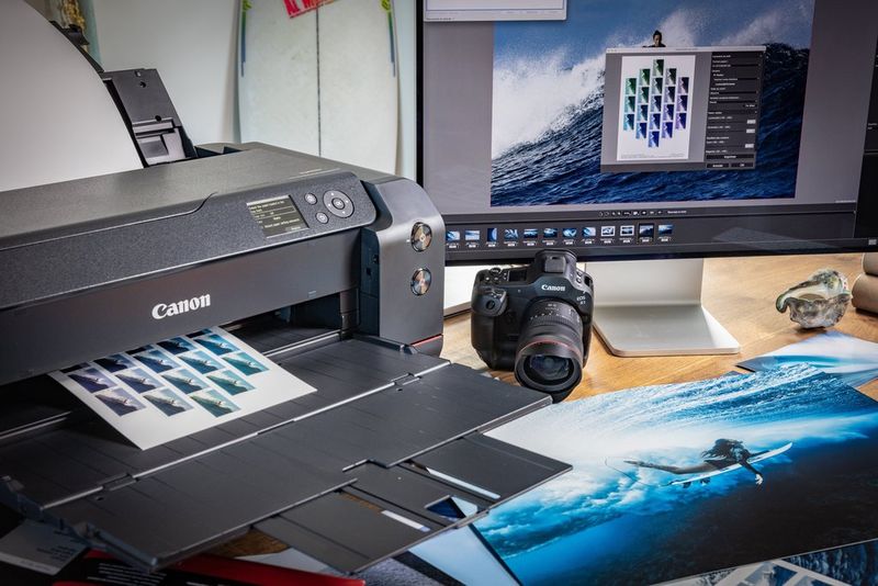 A Pattern Print hard proof emerges from a ImagePROGRAF PRO-1100 printer, with Canon PPL software on the monitor screen in the background.
