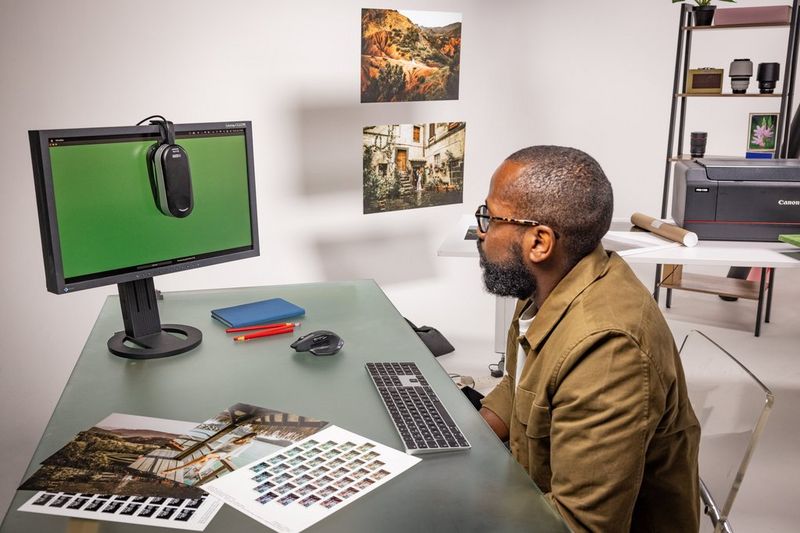 Een man zit achter een bureau en kijkt naar een monitor met een colorimeter erop. Ernaast liggen verschillende fotoprints op het bureau.