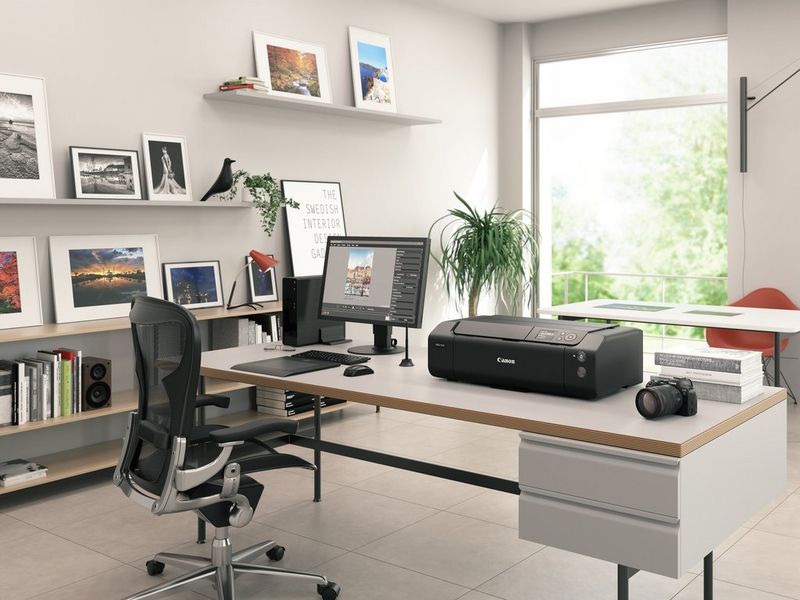Una stampante Canon imagePROGRAF PRO-310 è posizionata su una scrivania in un ufficio luminoso e arioso, affiancata da un monitor da un lato e una fotocamera Canon dall'altro.