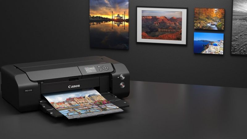 Принтер Canon imagePROGRAF PRO-310 печатает красочную фотографию. На стене позади него висят другие фотографии пейзажей в рамках.
