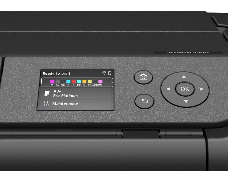 A close-up of the controls of the Canon imagePROGRAF PRO-310 A3+ printer, with ink levels displayed on the colour screen.