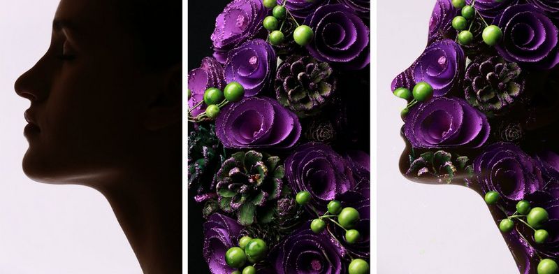 Uno scatto a esposizione multipla creato combinando una silhouette scura della testa di una donna con una foto di fiori sui toni del viola.