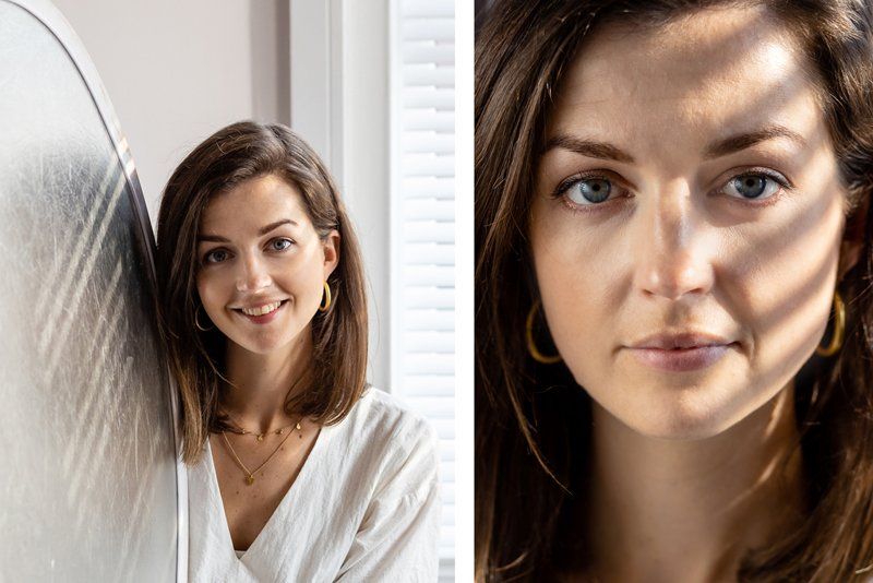 A composite image: left, a woman holds a reflector; right, a portrait of a woman with natural light shining across her face.