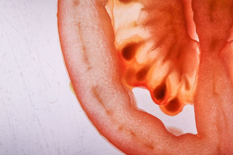 A composite image: left a Canon EOS 90D set up on a tripod; right, a macro shot of a bottle of hand sanitiser. A macro shot of tomato, taken on a Canon EOS R.