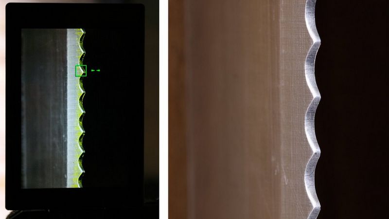 A composite image: left, the back of a camera, showing focus peaking on a knife edge; right, a sharp macro picture of a knife.