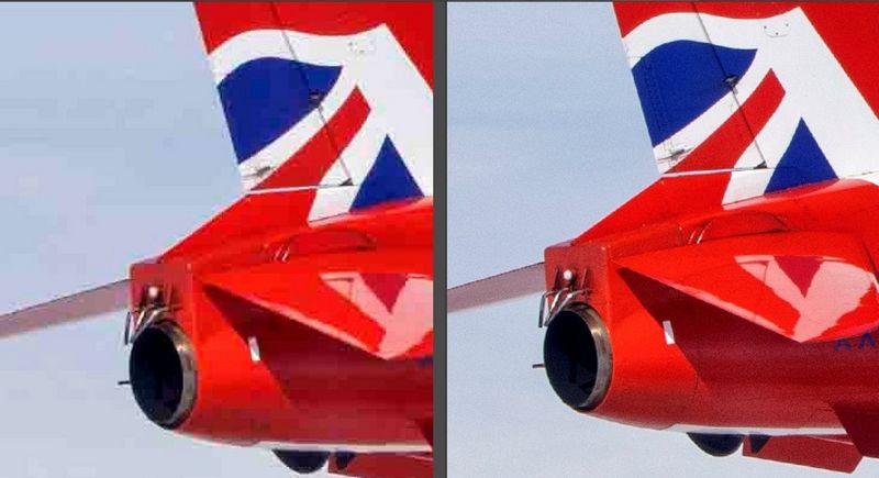 A low-quality JPEG of the tail of an aircraft, showing flaws such as banding and artifacting, compared to a higher-quality version of the same image.
