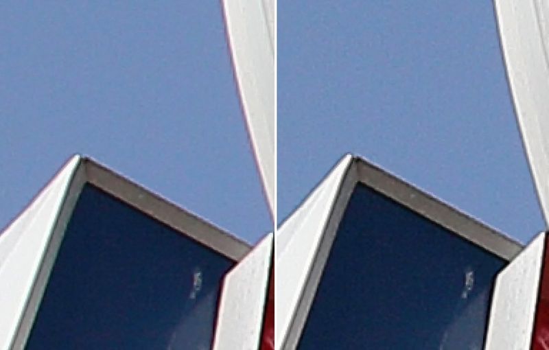 Contrastrijke randen met magentakleurige afwijkingen tegen een blauwe lucht, en dezelfde afbeelding waarin de afwijkingen zijn verwijderd.