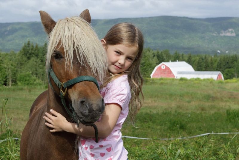 A girl hugs the neck of a pony in a green field with a large barn in the middle distance and green hills behind.