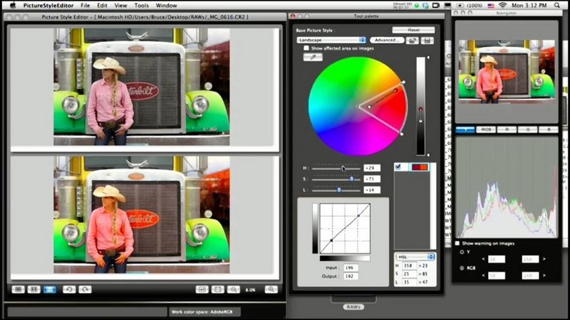 A picture of a woman wearing a cowboy hat standing in front of a large truck, with colours being modified using Canon's Picture Style Editor software.