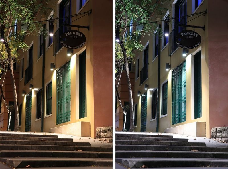 Due versioni di uno scatto serale di un edificio, una con colori caldi e aranciati, l'altra con bianchi puri.