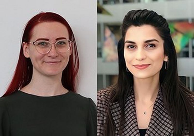 Left, a portrait of Zoë Rose. She has long red hair, a green top and silver glasses. On the right, a portrait of Sakina Asadova. She has long dark hair, a checked blazer and silver hoop earrings.