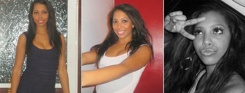 Three pictures of the same young woman with long dark hair, positioned side by side. In the first, she wears a tight black dress as through she’s going out to party and half smiles at the camera. In the centre she wears a white vest top and appears to be holding onto something off camera. In the final, a black and white photo, she raises her eyes to the sky and pouts, as she makes a ‘V’ with her fingers to frame one eye.
