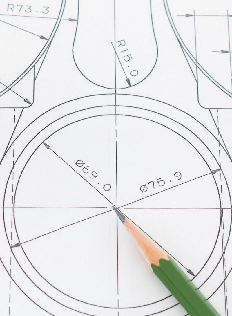 Close-up of an engineering drawing with circles, arcs, and dimensional annotations, with a pencil pointing to the centre point.