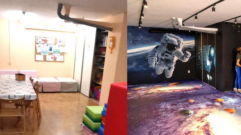 Kinderopvang voor en na het opnieuw decoreren met prints