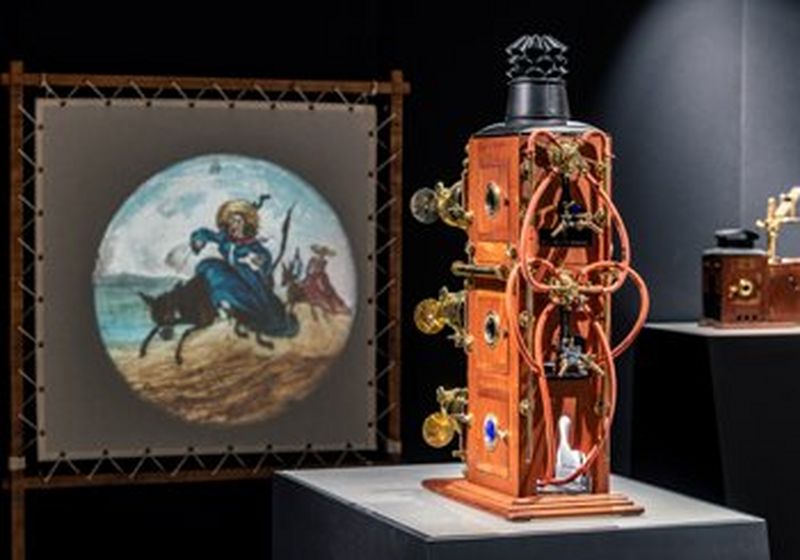 Photograph of an exhibit at the AV Stumpfl Museum, showing a typical ghostly scene that would have been projected by a Laterna Magica.