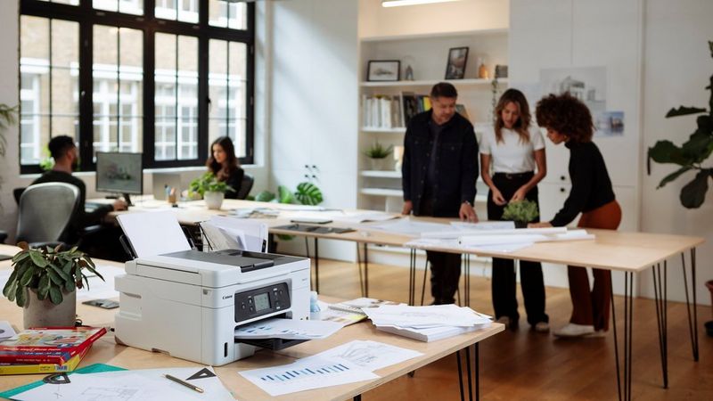 Pisač MAXIFY tvrtke Canon stoji na stolu u uredu, dok grupa ljudi razgovara u pozadini.