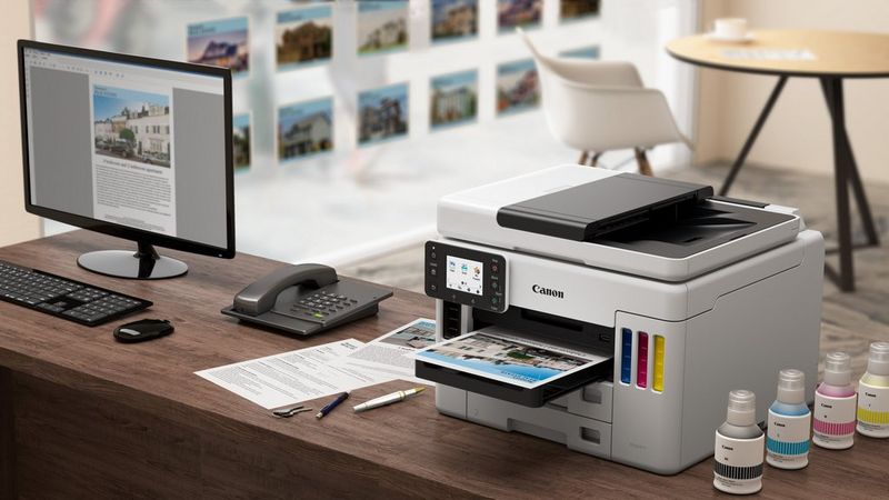 A Canon MAXIFY printer on a modern wooden desk, surrounded by office supplies, a desktop computer, and bottles of ink.