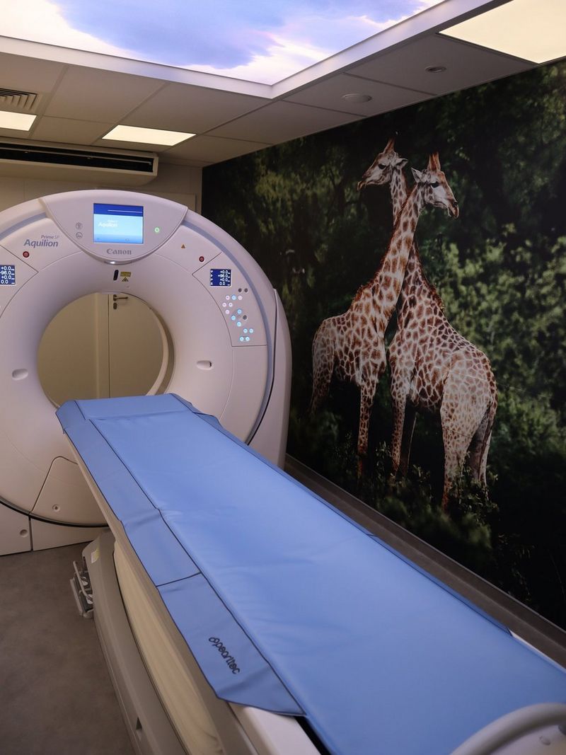 A Canon Medical mobile unit equipped with a Canon Aquilion CT scanner. The interior features a large image of two giraffes in a forest.