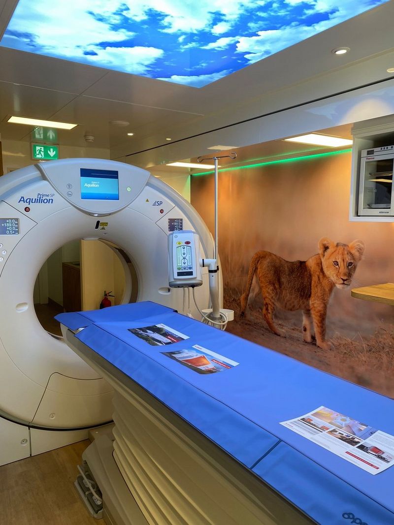  A Canon Medical mobile unit equipped with a Canon Aquilion CT scanner. The interior features of a lion in a savanna landscape