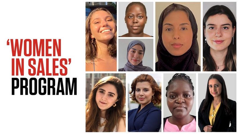 On the left, a caption that reads ‘Women in sales program’. On the right, the faces of nine professional women.