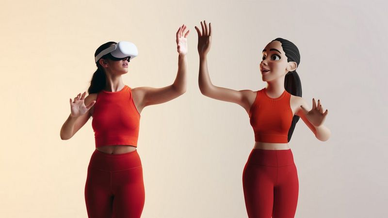 On the left, a dark-haired woman in red leggings and a matching red vest top wears a white VR headset. She raises one hand in a ‘high five’ gesture. It is met by a virtual version of herself – a cartoon-like figure in identical clothing but without the VR headset. They both stand against a bland grey/yellow background.