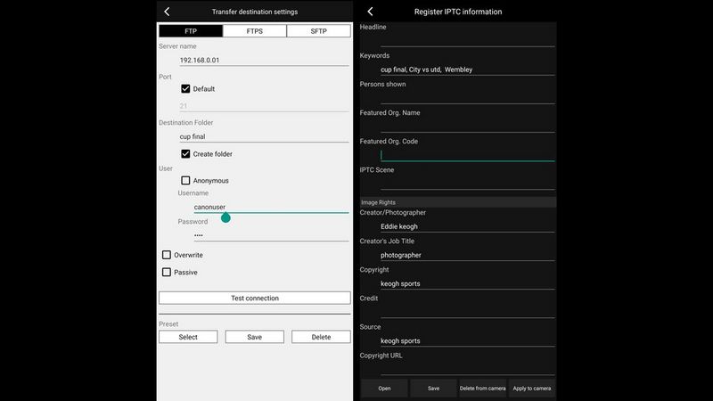 Два снимка экрана из приложения Canon Mobile File Transfer (MFT), где отображаются настройки директории отправки файла, а затем частично заполненные поля в окне «Сохранить сведения IPTC».