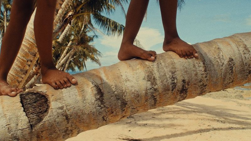 Pieds d’enfants sur un tronc d’arbre sur la plage