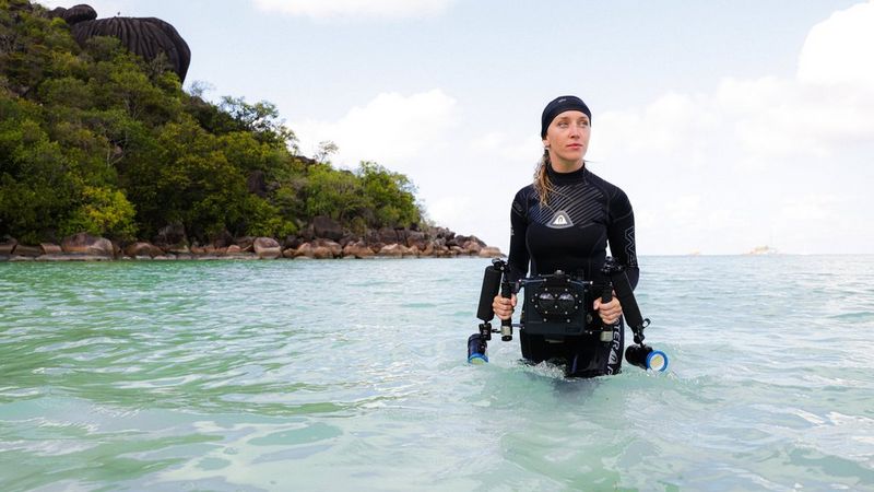 Madeine St Clair in a wetsuit, standing upright in the sea, which reaches her thighs. She holds a large camera in a waterproof housing, which touches the water, but she looks off to her left, as though she has spotted something.