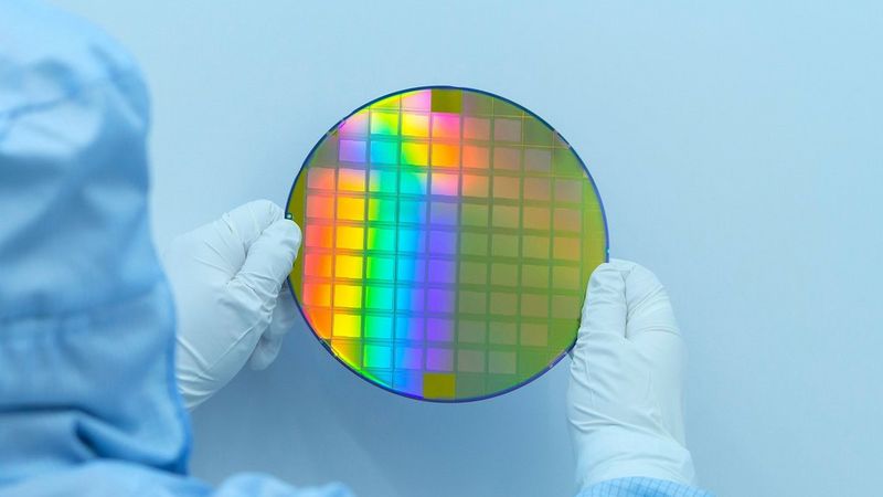A person in a cleanroom suit holds a silicon wafer up in two gloved hands.