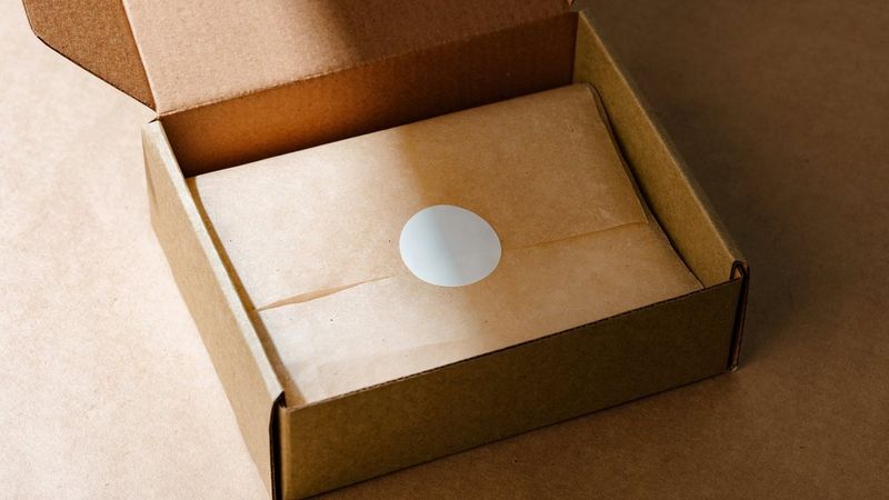 An open cardboard box containing a neatly wrapped item in brown paper, sealed with a plain white sticker.