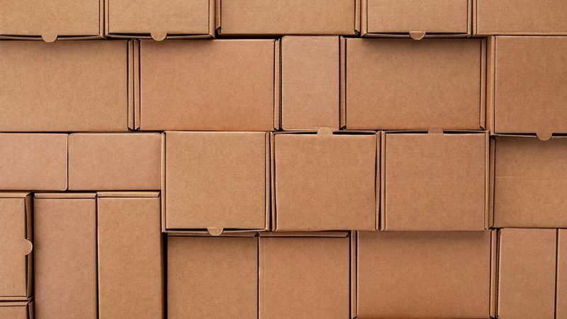 A wall of stacked cardboard boxes, uniformly arranged with their lids closed.